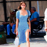 French Floral Slim Fitting Slimming Square Collar Split Short Sleeve Dress